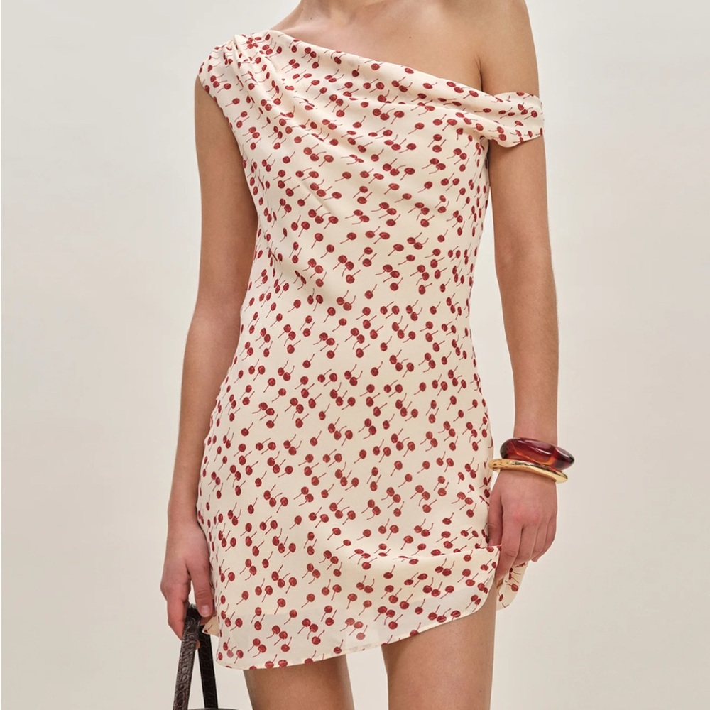 Reformation One Shoulder Cream Dress with Red Print